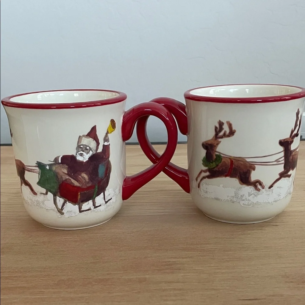 Vintage Santa & His Reindeer Williams Sonoma 2011 Ceramic Mugs